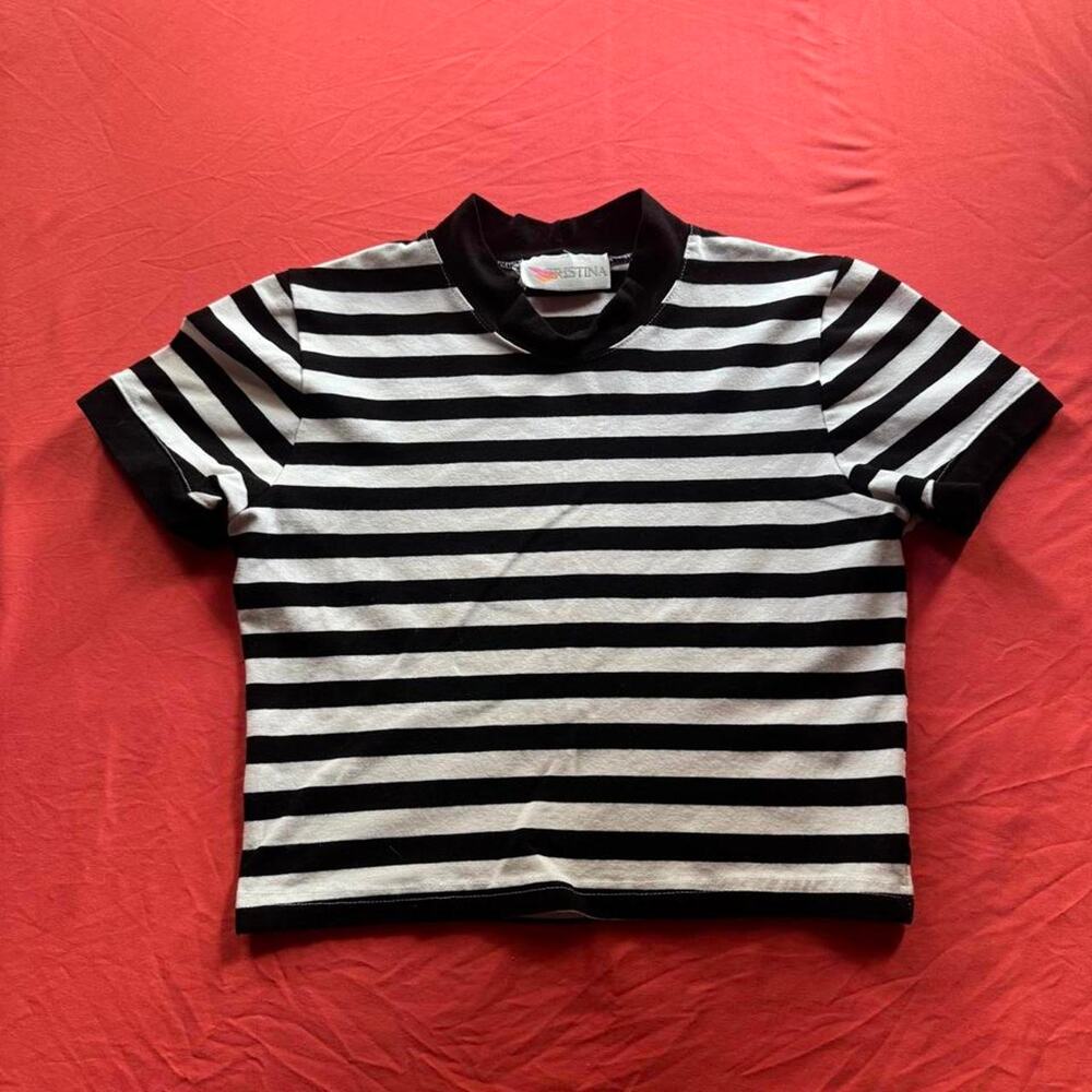 Vintage 90s Cristina black and white mock necked striped cropped tee -Size S